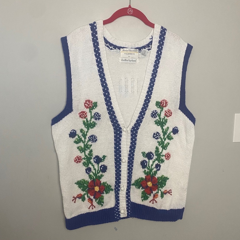 90's Vintage Floral Hand Knit Sweater Vest Cottagecore Grandma Chic Large